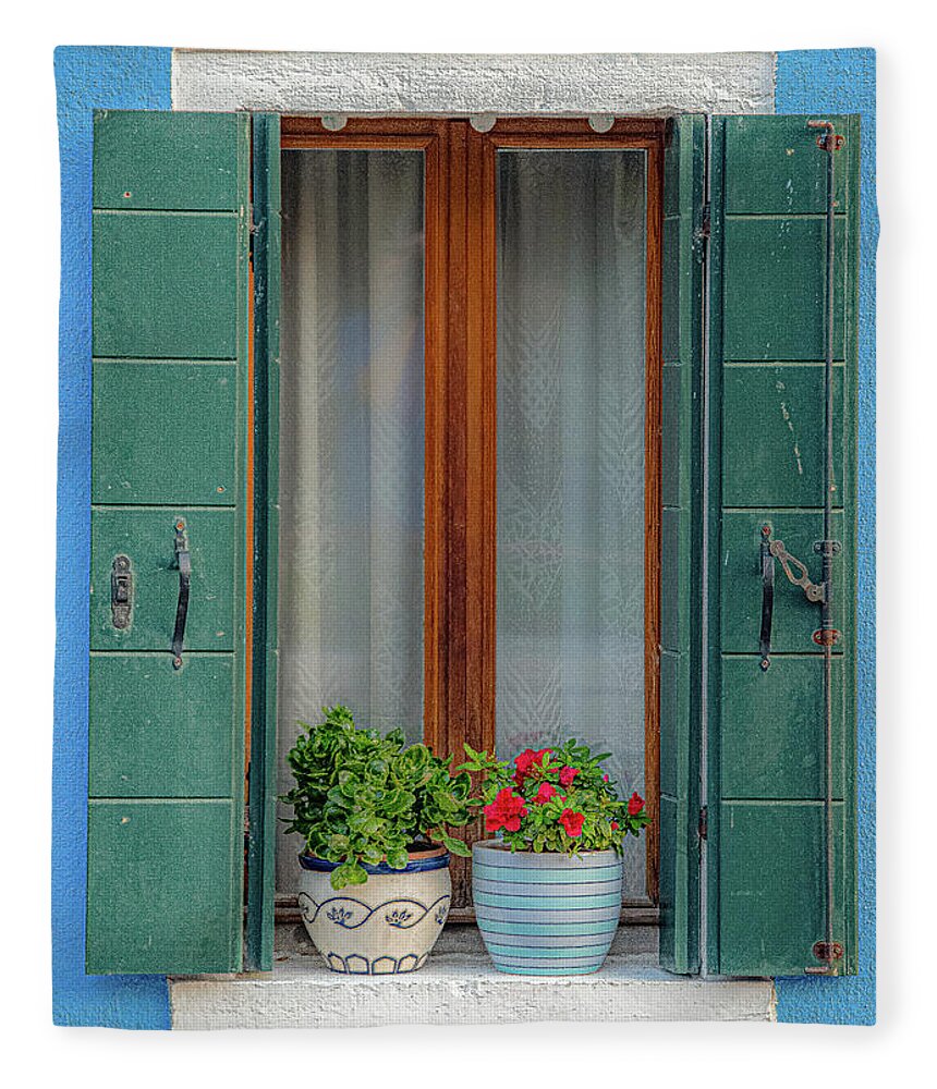 Burano Fleece Blanket featuring the photograph Light Blue Burano Window by David Downs