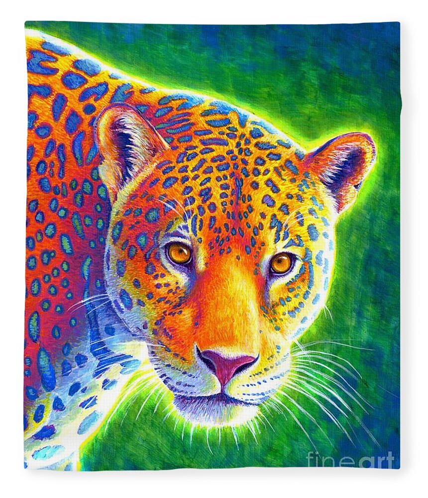Jaguar Fleece Blanket featuring the painting Light in the Rainforest - Jaguar by Rebecca Wang