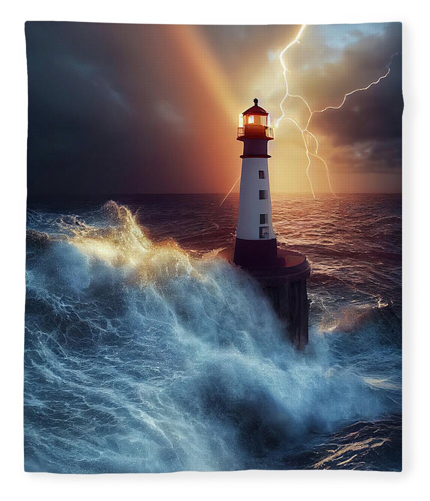Lighthouse Fleece Blanket featuring the digital art Lighthouse 07 Waves and Stormy Weather by Matthias Hauser