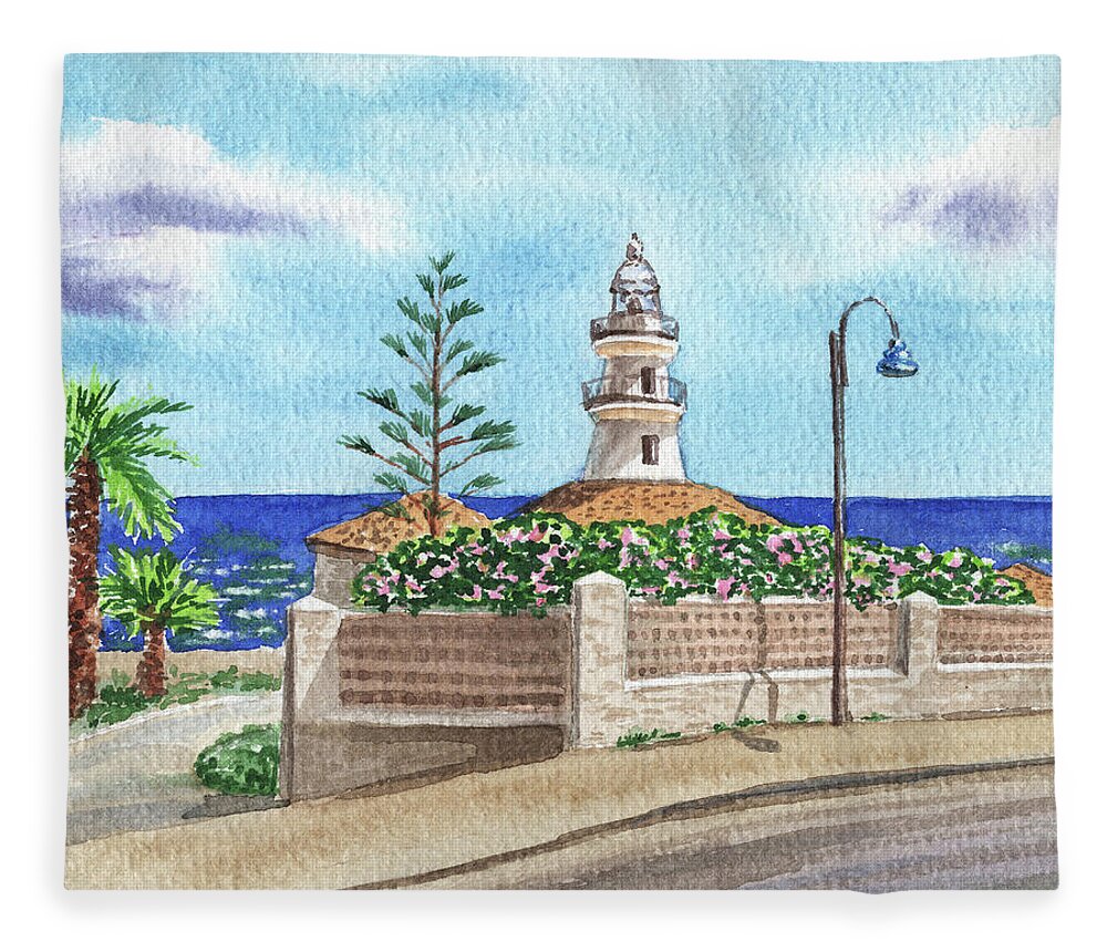 Lighthouse Fleece Blanket featuring the painting Lighthouse Faro De Cullera Spain Valencia Balearic Sea Shore Watercolor by Irina Sztukowski