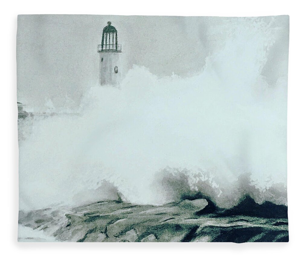 Ocean Fleece Blanket featuring the drawing Lighthouse Surf and Spray by Tracy Hutchinson