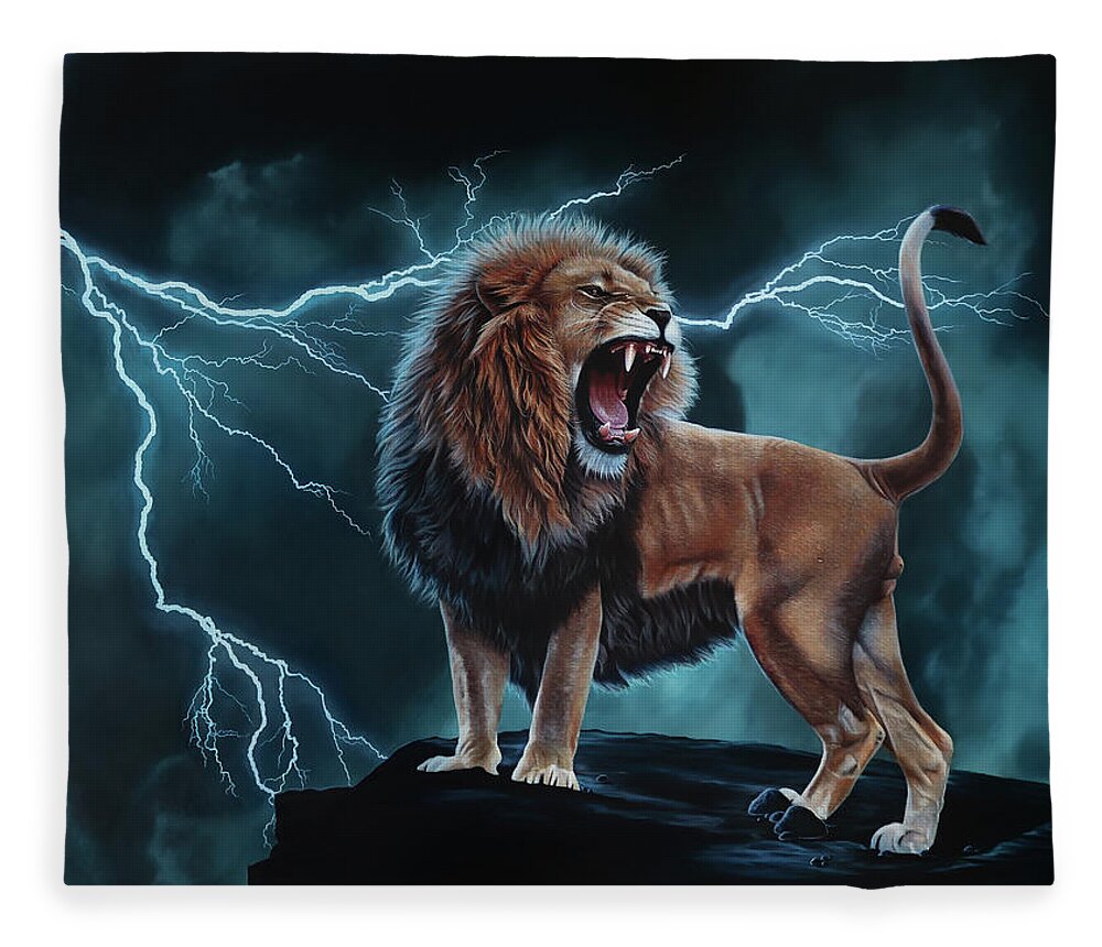  Fleece Blanket featuring the painting Lightning Lion of Judah by Marika Sinclaire