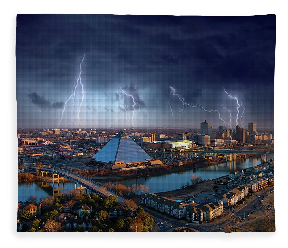 Tennessee Fleece Blanket featuring the photograph Lightning Over the Pyramid in Memphis by Marcus Jones