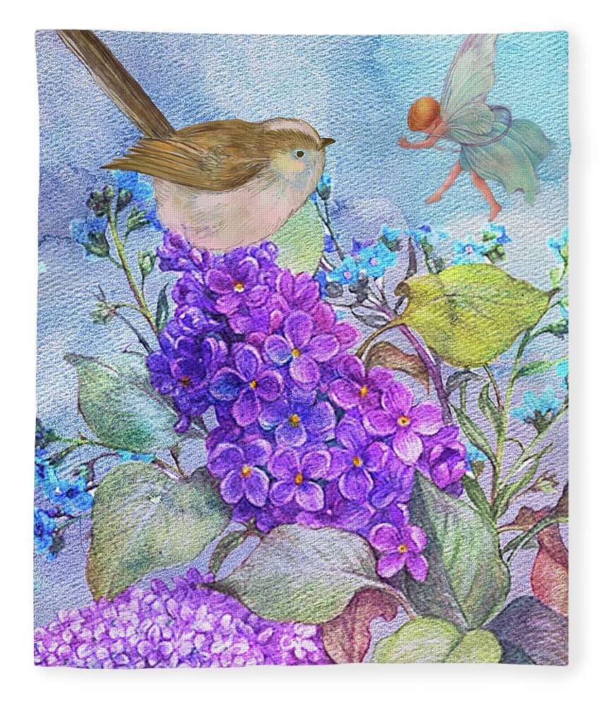 Flower Fairy Fleece Blanket featuring the painting Lilac Flower Fairy with Birdie by Judith Cheng