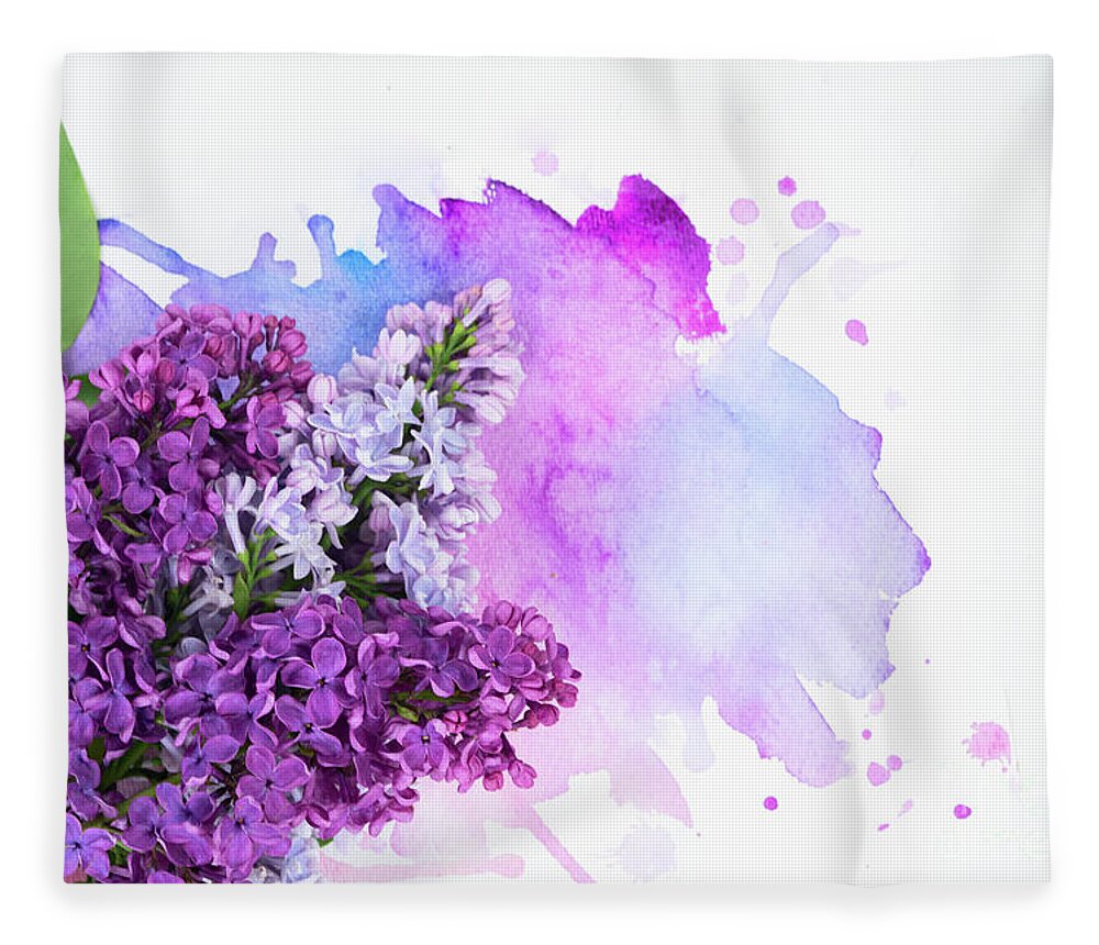Lilac Fleece Blanket featuring the photograph Lilac flowers on watercolor by Anastasy Yarmolovich