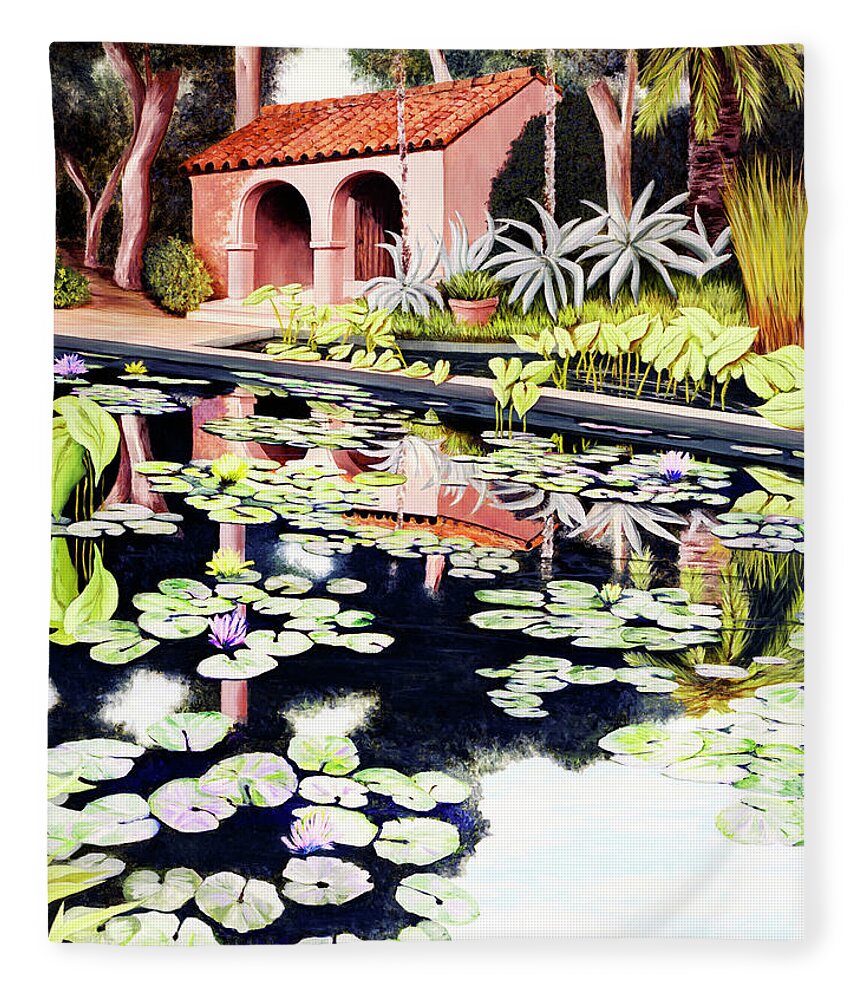 Swimming Pool Fleece Blanket featuring the painting LILY'S GARDEN - Prints of oil painting by Mary Grden