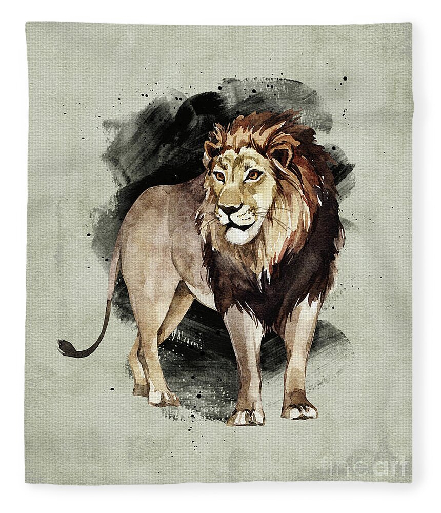 Lion Fleece Blanket featuring the painting Lion Watercolor Animal Art Painting by Garden Of Delights