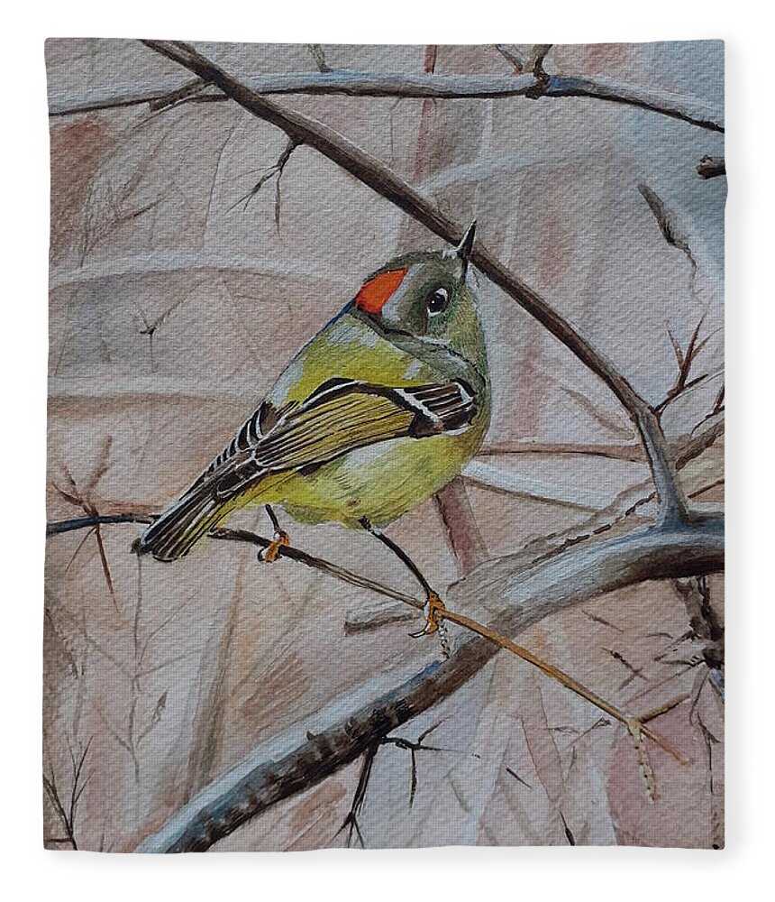 Bird Fleece Blanket featuring the painting Little bird resting on a branch by Carolina Prieto Moreno