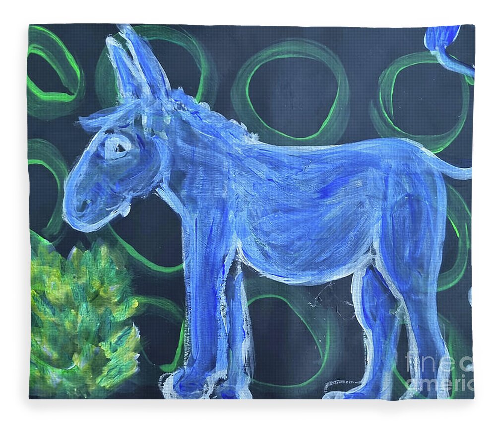 Donkey Fleece Blanket featuring the painting Little Blue Donkey by Mimulux Patricia No