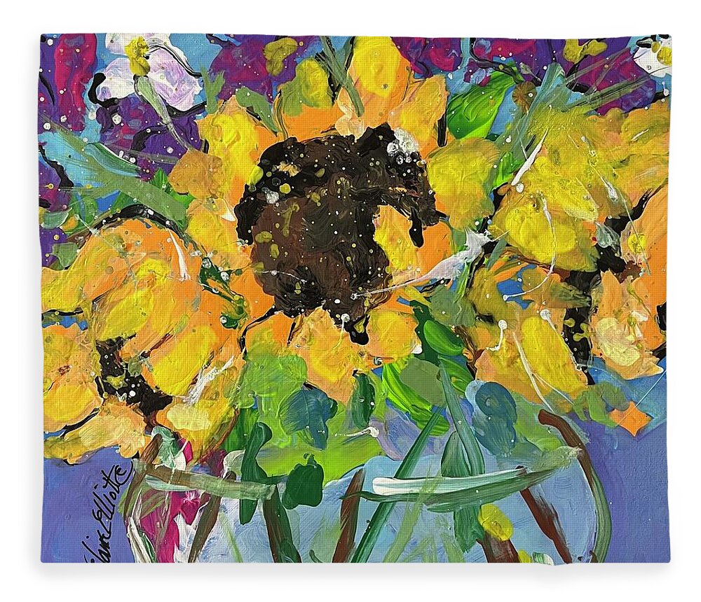 Sunflowers Fleece Blanket featuring the painting Little bowl of Sunshine by Elaine Elliott