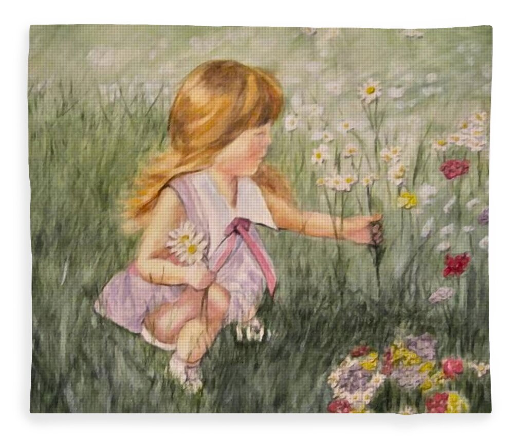 Little Girl Painting Fleece Blanket featuring the mixed media Little Girl Picking Flowers by Kelly Mills