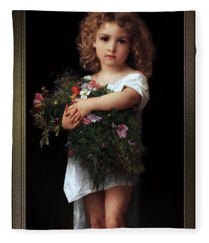 Little Girl With Flowers Fleece Blanket featuring the painting Little Girl With Flowers by William-Adolphe Bouguereau by Rolando Burbon