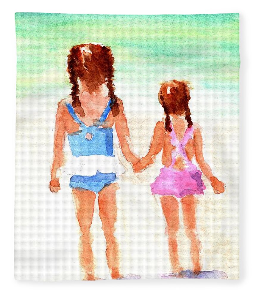 Little Sisters Fleece Blanket featuring the painting Little Girls at the Beach by Carlin Blahnik CarlinArtWatercolor