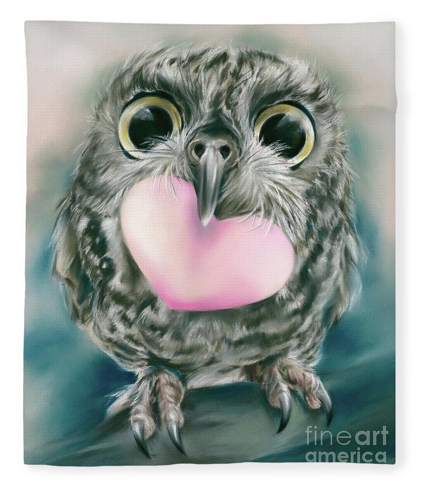 Bird Fleece Blanket featuring the painting Little Owl with Big Eyes and Valentine Heart by MM Anderson
