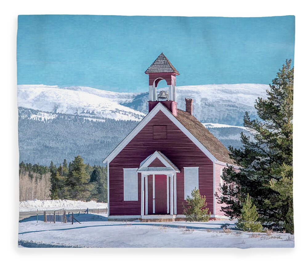 Colorado Fleece Blanket featuring the photograph Little Schoolhouse in the Shadow of the Rockies by Marcy Wielfaert