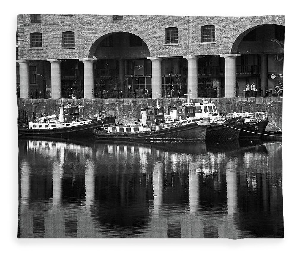 Liverpool Fleece Blanket featuring the photograph LIVERPOOL. Albert Dock Moored Boats B. by Lachlan Main