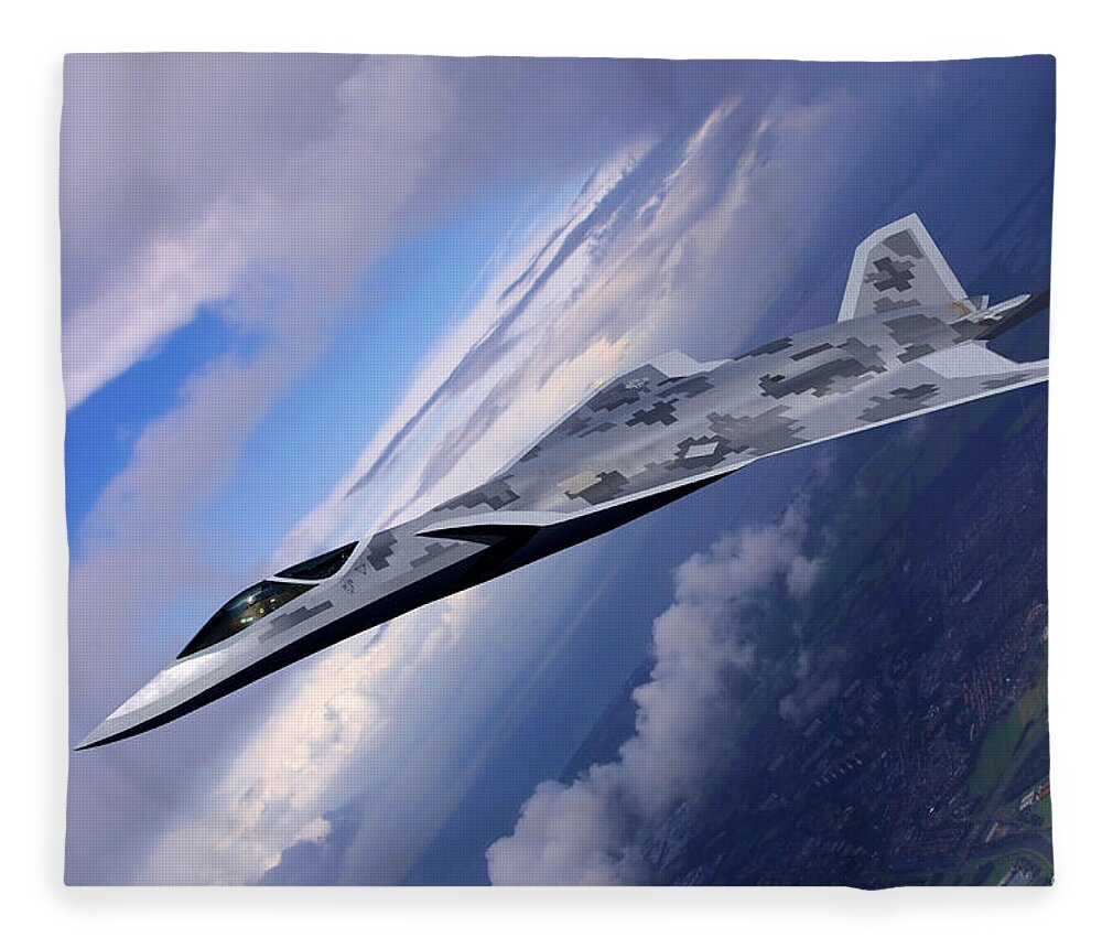 Lmt Fleece Blanket featuring the digital art Lockheed LMT Raven II Vertical Climb by Custom Aviation Art