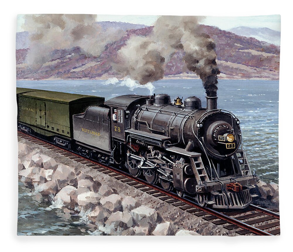 J Craig Thorpe Fleece Blanket featuring the painting Locomotives - Rutland Railroad 4-6-0 Type Engine Number 73 by J Craig Thorpe