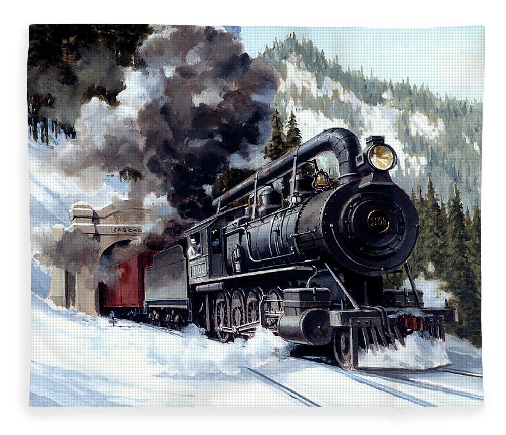 J Craig Thorpe Fleece Blanket featuring the painting Locomotives - Great Northern Railway 2-8-0 Type Engine Number 1106 Emerging From Cascade Tunnel by J Craig Thorpe