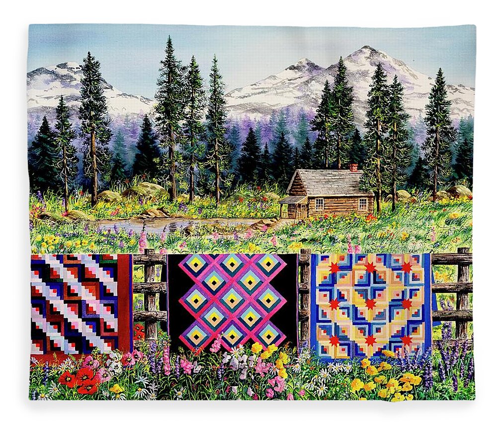 Mountains Fleece Blanket featuring the painting Log Cabin Quilts by Diane Phalen