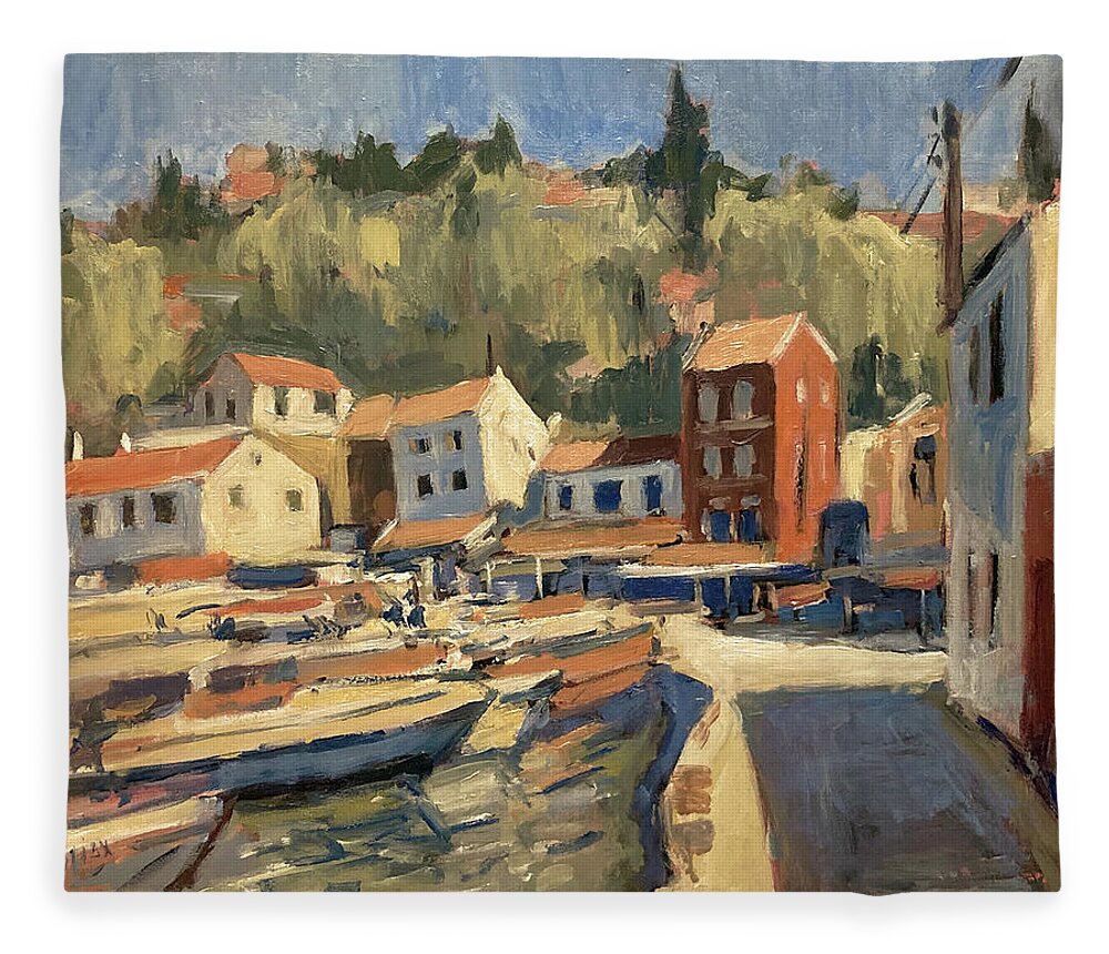 Harbour Fleece Blanket featuring the painting Loggos harbour village front by Nop Briex