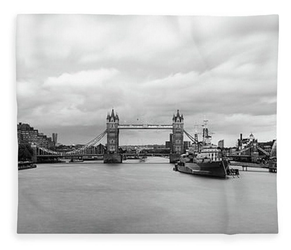 Panorama Fleece Blanket featuring the photograph London Tower Bridge and the Thames River Black and white by Sonny Ryse