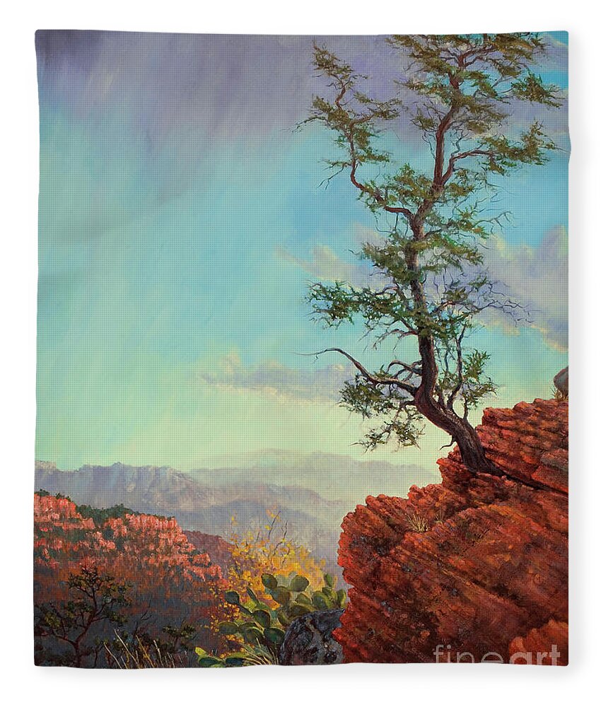 Cedar Fleece Blanket featuring the painting Lone Tree Struggle by Robert Corsetti