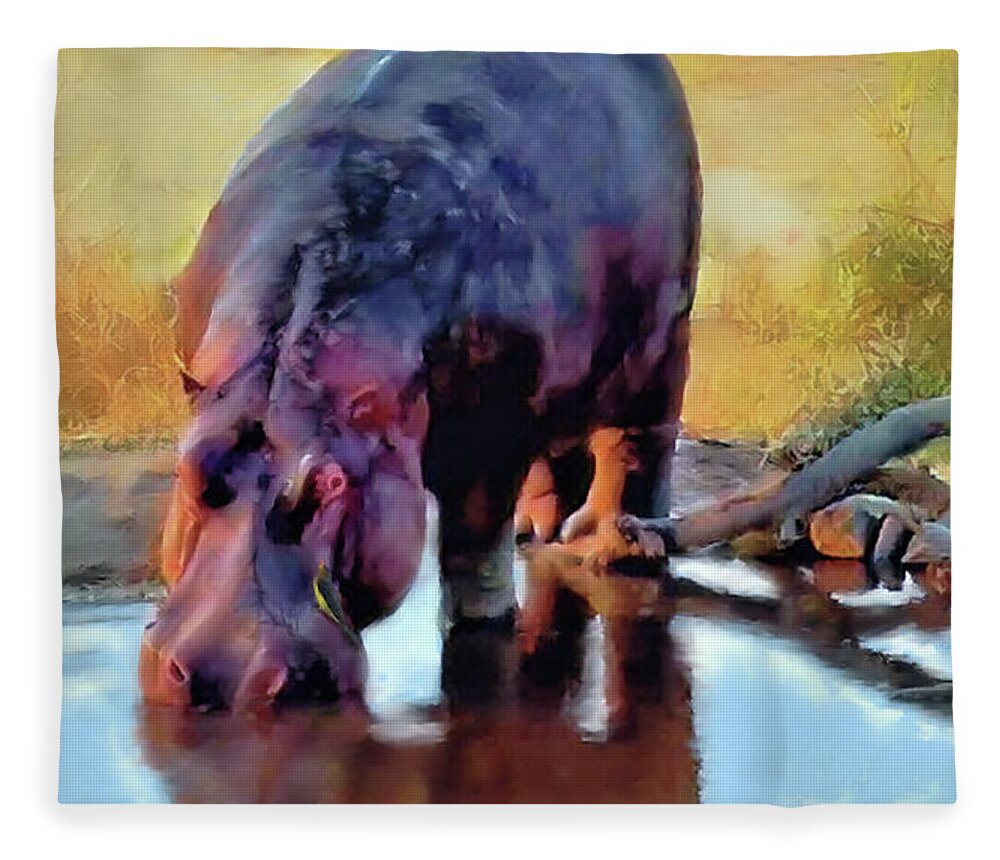 Hippopotamus Fleece Blanket featuring the painting Lonely Hippo  by Joel Smith