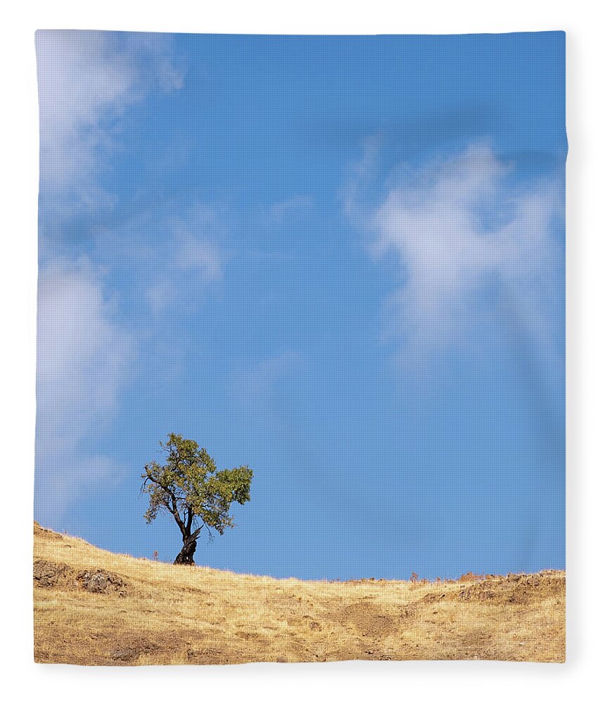 Lonely Tree Fleece Blanket featuring the photograph Lonely tree on a dry field against blue sky by Michalakis Ppalis
