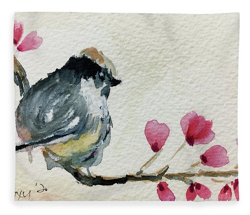Grand Tit Fleece Blanket featuring the painting Long Tailed Tit with Cherry Blossoms by Roxy Rich