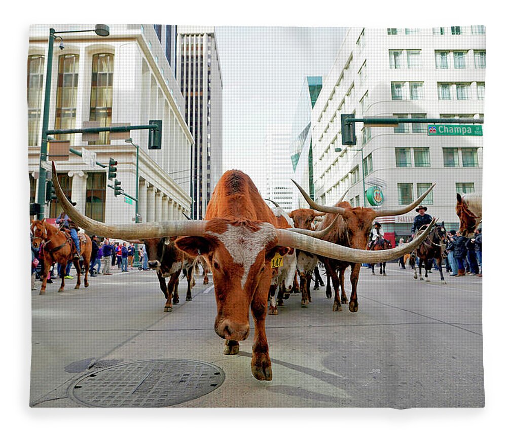 Human Interest Fleece Blanket featuring the photograph Longhorn Steer in downtown Denver by Rick Wilking