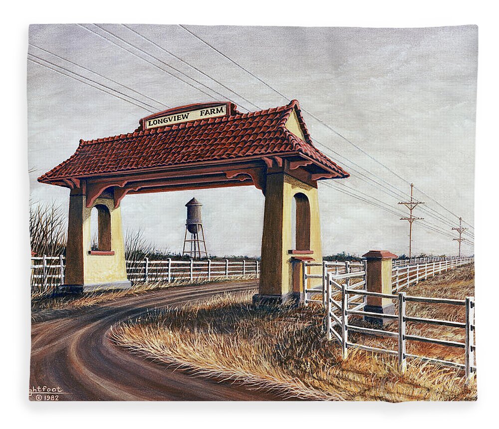 Architectural Landscape Fleece Blanket featuring the painting Longview Farm Entrance Gate by George Lightfoot