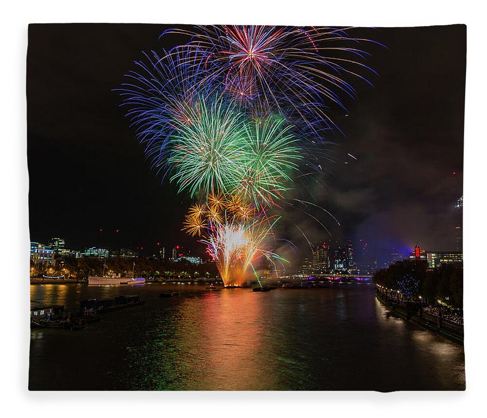 Thames Fleece Blanket featuring the photograph Lord Mayor firework show in London by Andrew Lalchan