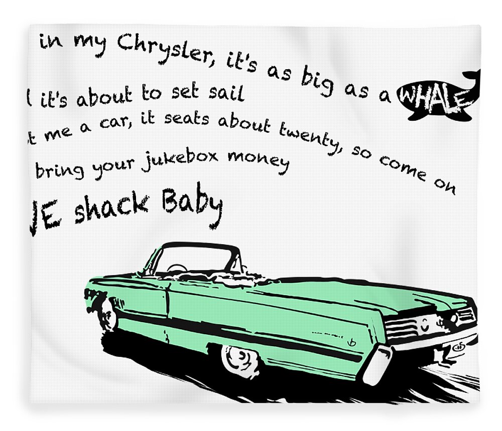 Petrolhead Fleece Blanket featuring the digital art Love Shack Whale Classic Chrysler car, catchy song, funky design - Chrysler Green Edition by Moospeed Art