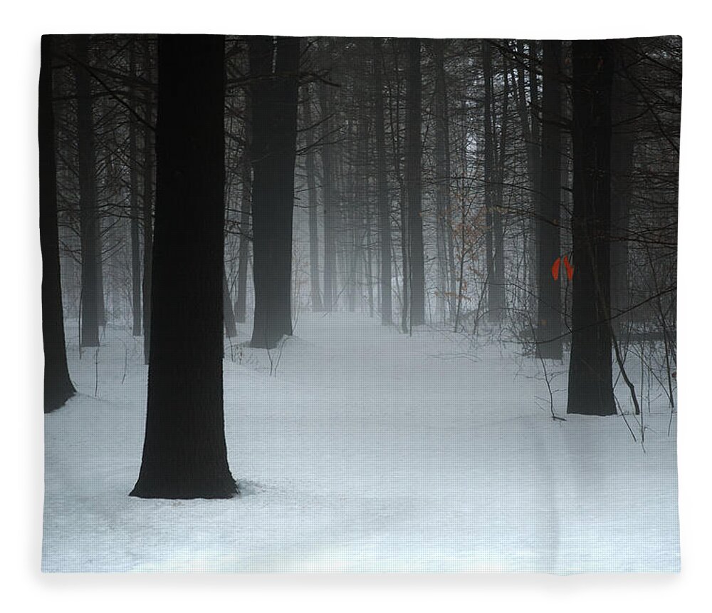 Woods Fleece Blanket featuring the pyrography Lovely, Dark and Deep by Moira Law