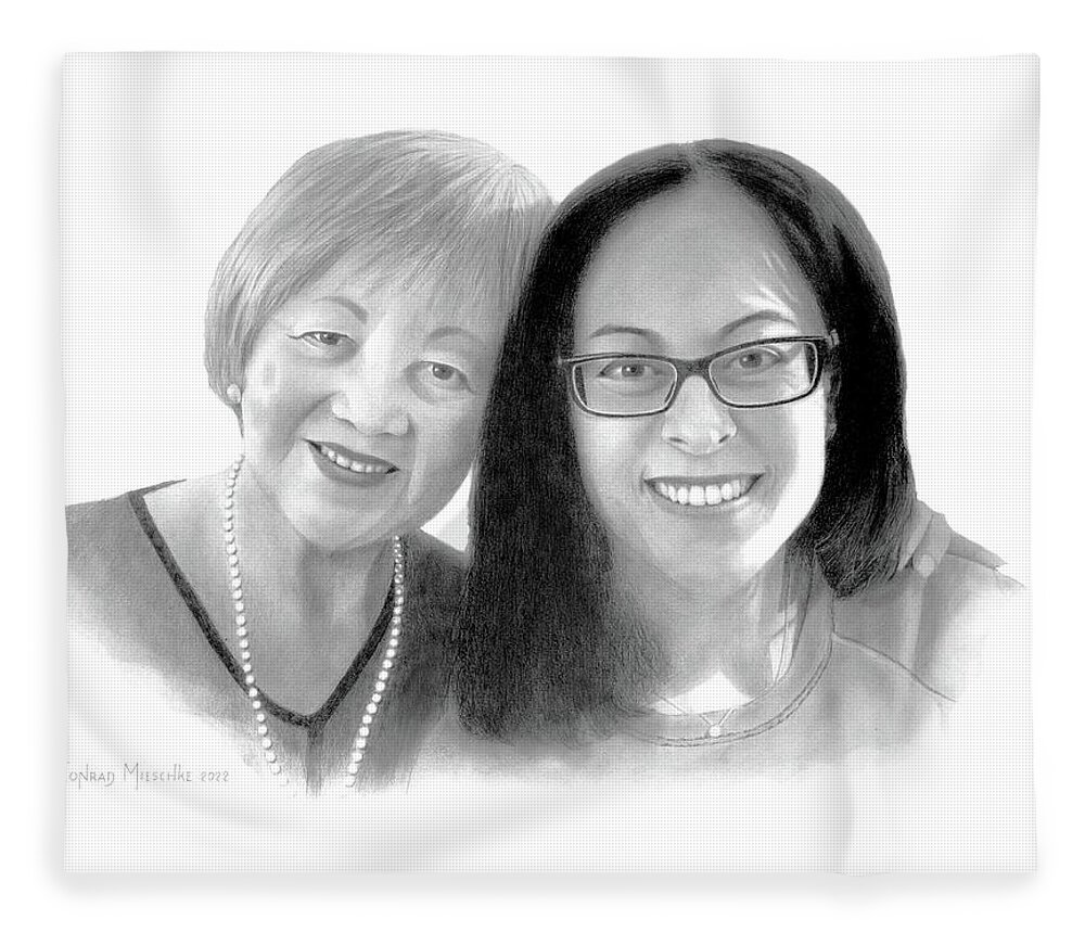 Pencil Fleece Blanket featuring the drawing Lucy and Cindy, Mother and Daughter by Conrad Mieschke