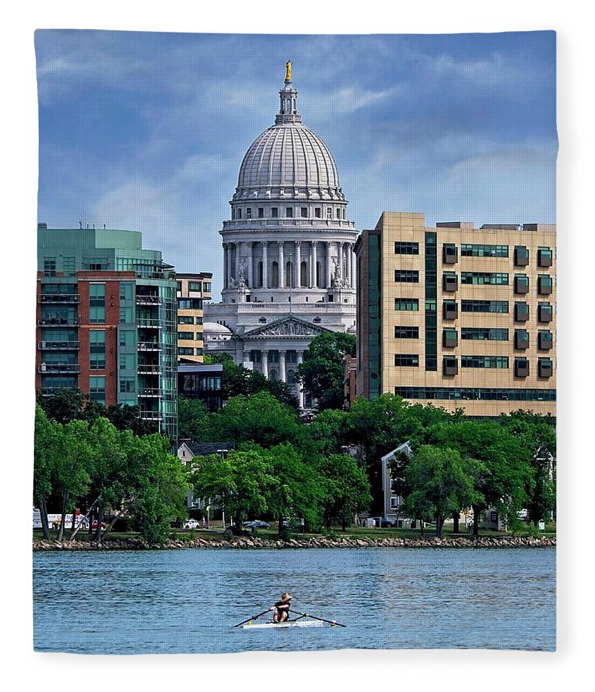 Madison Fleece Blanket featuring the photograph Madison Capitol with Rower by Steven Ralser