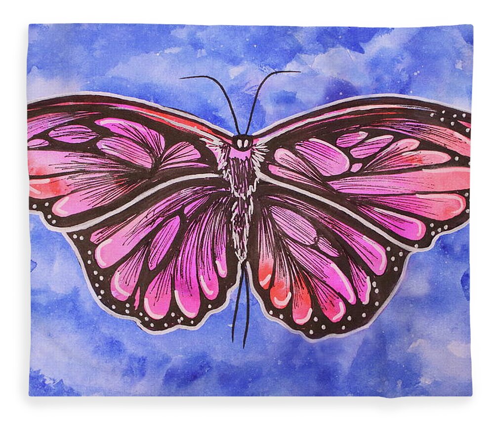 Magenta Fleece Blanket featuring the painting Magical Magenta Flutter Suncatcher Butterfly by Kathy Pope