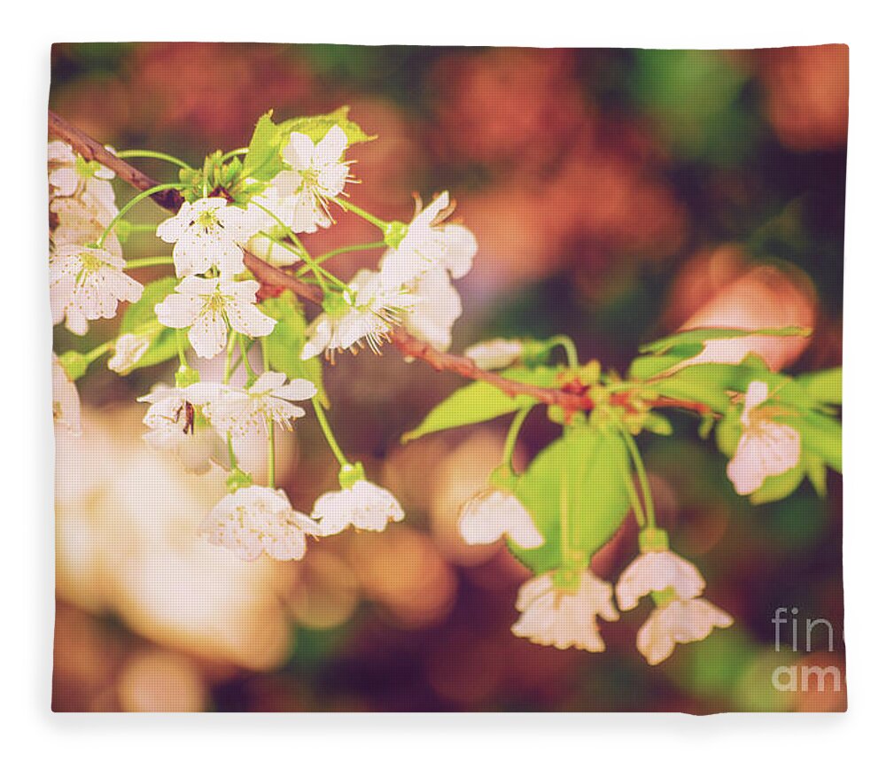 Wild Cherry Fleece Blanket featuring the photograph Magical bokeh close up of a blooming sweet cherry tree by Mendelex Photography