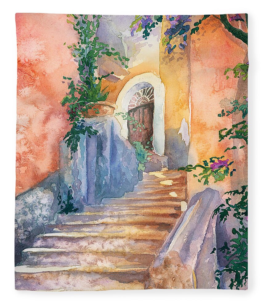 Watercolor Painting Fleece Blanket featuring the painting Magical Stairs by Espero Art
