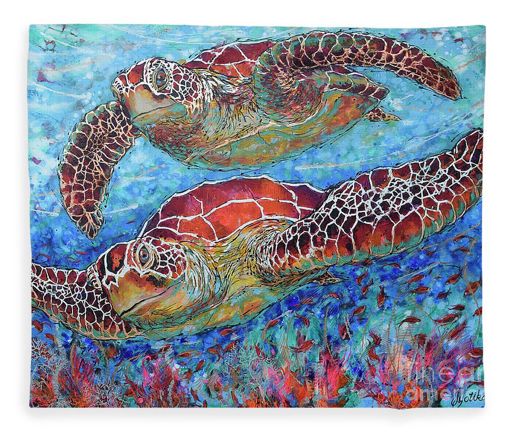 Marine Turtles Fleece Blanket featuring the painting Magnificent Green Sea Turtles by Jyotika Shroff