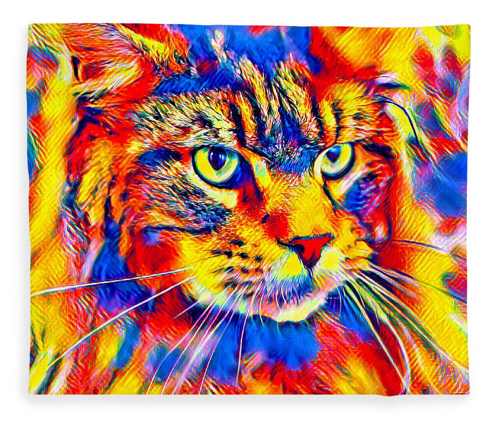 Maine Coon Fleece Blanket featuring the digital art Maine Coon cat watching something - colorful blue, red and yellow portrait by Nicko Prints