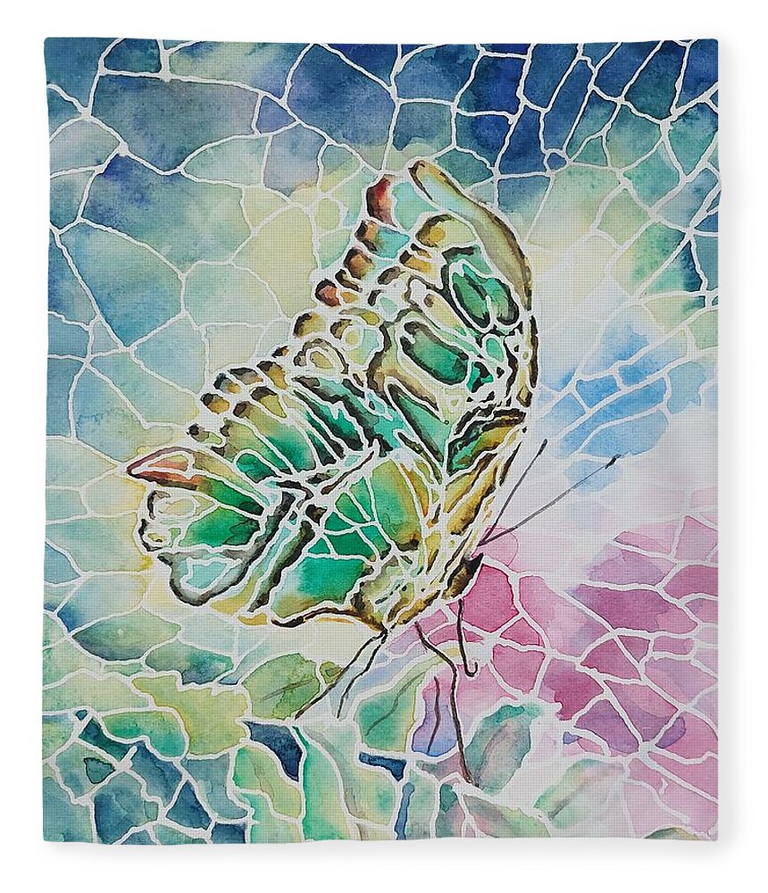 Green Malachite Butterfly Fleece Blanket featuring the painting Malachite Wings by Amanda Amend