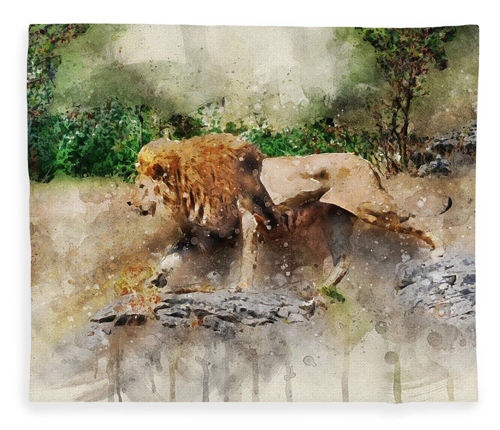 Lion Fleece Blanket featuring the digital art Male lion by Geir Rosset