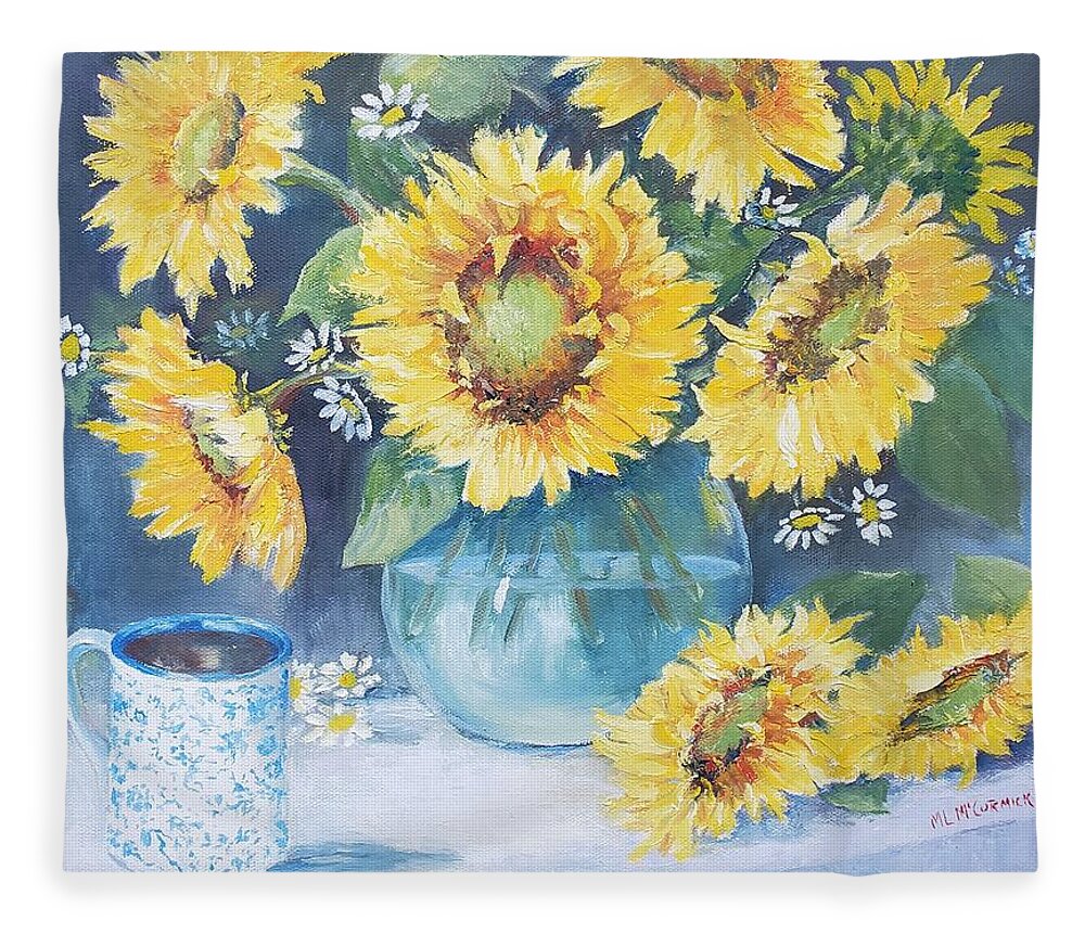 Sunflowers Autumn Coffee Harvest Fleece Blanket featuring the painting Mama's Cup with Sunflowers by ML McCormick