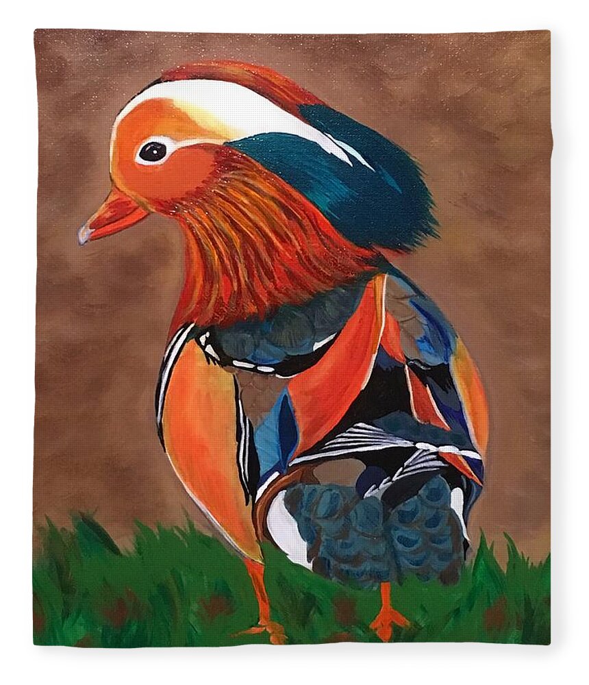  Fleece Blanket featuring the painting Mandarin Duck-Fowl Play by Bill Manson