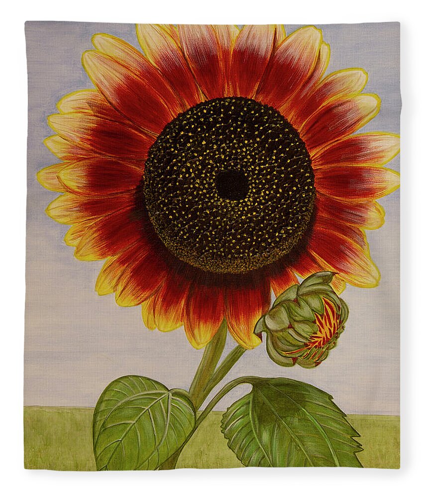 Sunflower Fleece Blanket featuring the painting Mandy's Magnificent Sunflower by Donna Manaraze
