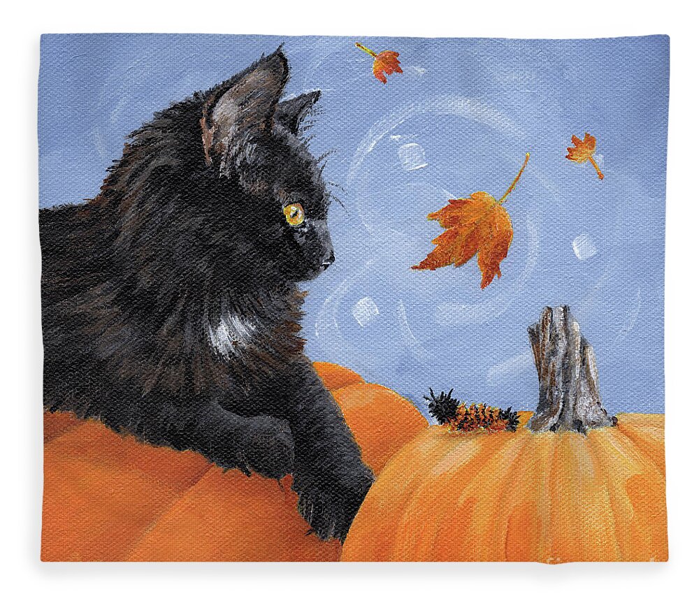 Cat Fleece Blanket featuring the painting Mango and Caterpillar - Black Cat with Pumpkin Painting by Annie Troe