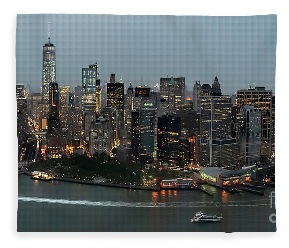 Skyscrapers Fleece Blanket featuring the photograph Manhattan - Skyline of New York City Night Aerial View by David Oppenheimer