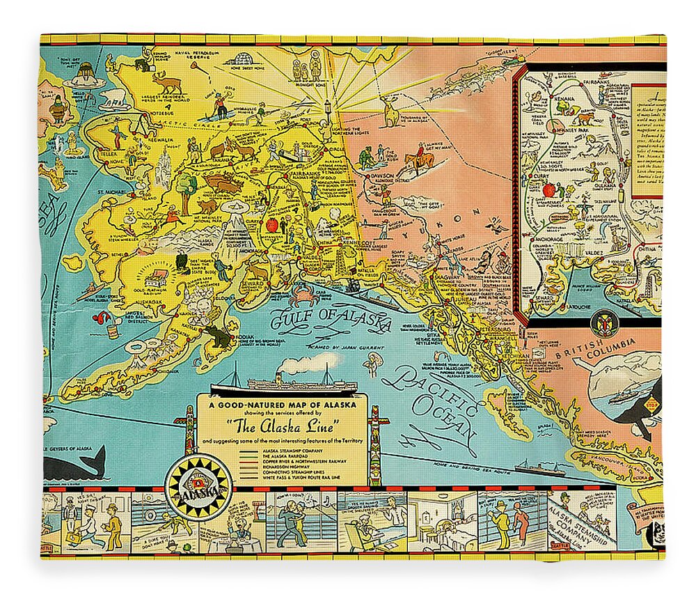 1646 Fleece Blanket featuring the painting Map Of Alaska The Alaska Line 1934. by MotionAge Designs